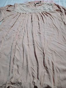 Beige Textured Kurta with Crochet Neckline