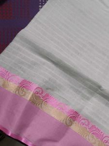 Elegant White Pink Zari Linen Saree