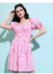 Pink Floral Puff Sleeve Dress