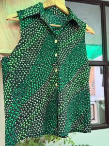 Vintage Green Floral Sleeveless Shirt