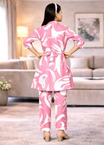 Pink Leaf Print Kurta Set