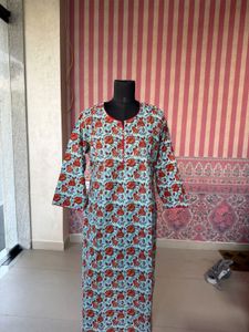 Light Blue Kurta with Red Floral Print