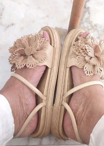 Beige Flower Embellished Flat Sandals