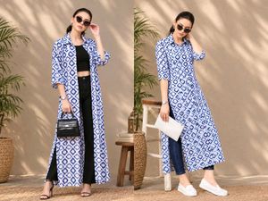 💠Blue & White Shrug/Kurta in Geometric Print