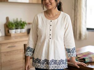 Cream Kurta with Blue Floral Embroidery