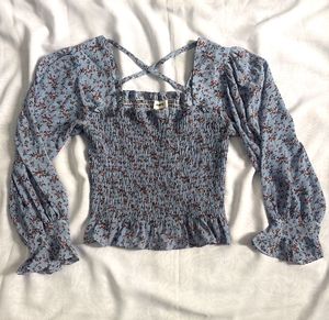 Blue Floral Smocked Square Neck Top