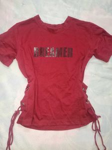 Red "DREAMER" Lace-Up T-Shirt