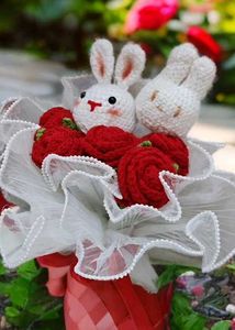 Handmade Crochet Bunny and Roses Bouquet