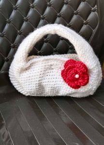 White Crochet Handbag with Red Flower