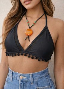 Black Triangle Pom-Pom Bikini Top