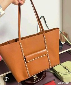 Stylish Brown Leather Tote Bag with Studs