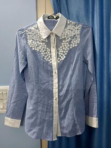 Elegant Blue Lace Detail Button-Up Shirt