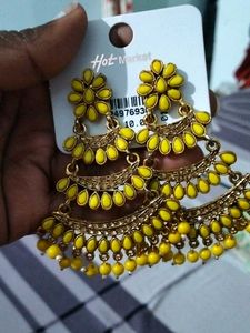 Exquisite Yellow Stone &amp; Gold-Tone Chandelier Earr