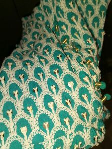 Teal &amp; White Embroidered Kurti