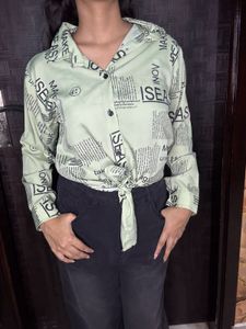 Trendy Newspaper Print Tie-Front Shirt