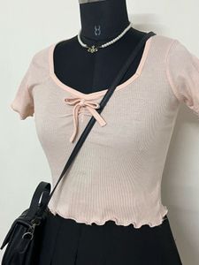 Cute Pink Tie-Front Lettuce Hem Top
