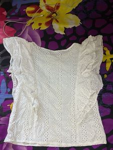 White Eyelet Ruffle Sleeve Top
