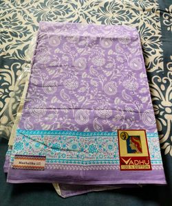 Purple and White Printed Cotton Saree💜🤍