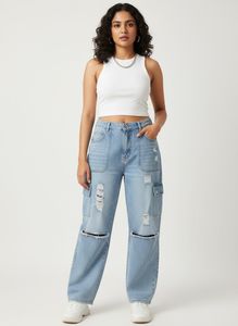 Distressed Cargo Jeans with Knee Cutouts