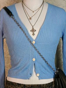 Y2K Cute Blue Ribbed Button-Up Cardigan