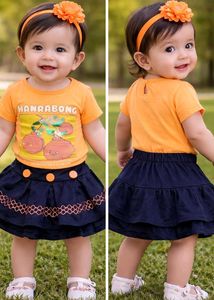 Cute Baby Girl Orange T-Shirt & Navy Skirt Set