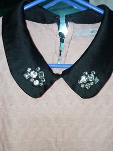 Chic Pink Textured Top with Embellished Collar