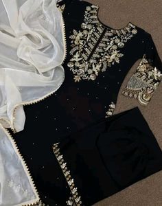 Elegant Black Velvet Kurta Set with Embellishments