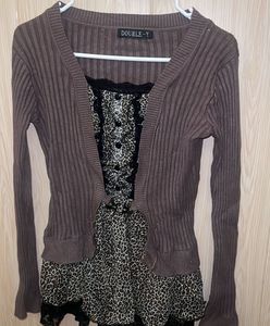 Cute Brown Cardigan with Leopard Print Top