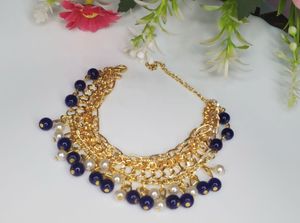 Elegant Gold Bracelet with Blue &amp; Pearl Beads