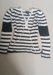 Striped Lace-Up Long Sleeve Top