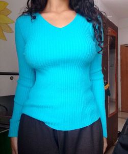 Blue Ribbed V-Neck Sweater
