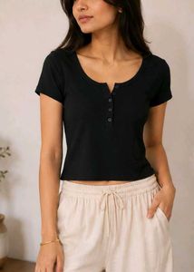 Zudio Black Ribbed Henley Crop Top