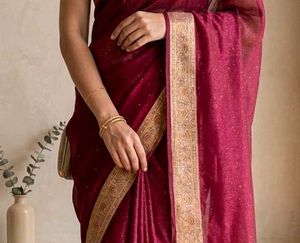 Royal Wine Shimmer Saree with Golden Zari Border