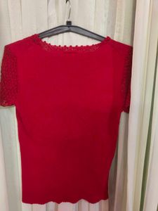 Elegant Red Lace Trim Knit Top