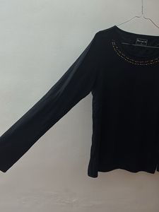 Elegant Black Embellished Long Sleeve Top