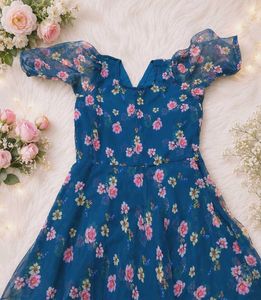 Feminine lightweight floral dress women frock blue