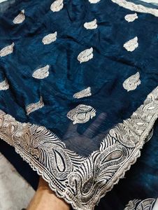 Elegant Teal Saree with Silver Embroidery