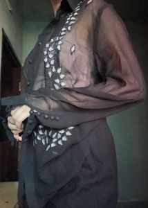 Black Sheer Embroidered Button-Up Shirt
