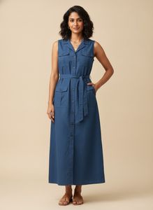 Blue Sleeveless Button-Down Maxi Dress