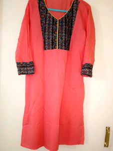 lifestyle Vibrant Coral Kurta with Intricate Embro