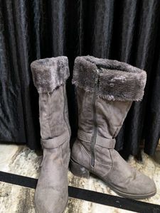 Gray Faux Suede Fur Lined Boots