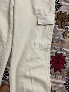 Cream Cargo Wide Leg Jeans