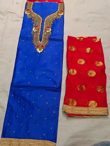 Blue Suit With Red Self Print Bottom