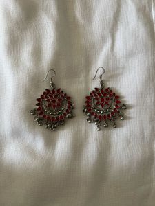 Red & Silver Ethnic Jhumka Earrings