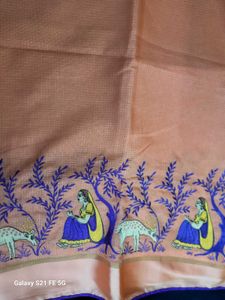 Elegant Peach Saree with Deer &amp; Woman Embroidery
