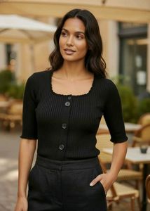 Ribbed Black Button-Up Top
