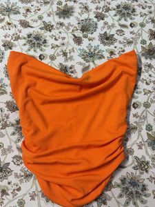 Vibrant Orange Ruched Strapless Top