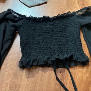 vinatage Black Smocked Off-Shoulder