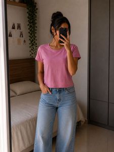 Pink Crew Neck Crop  T-Shirt