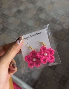 Handmade Pink Crochet Flower Earrings